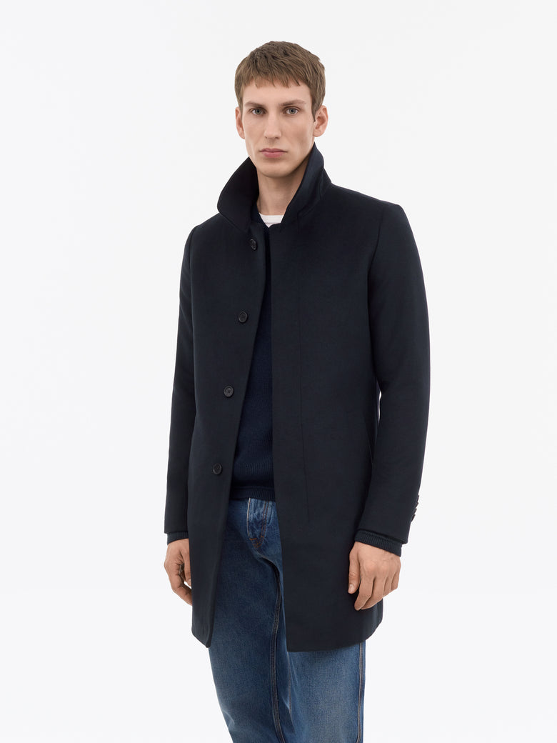 Aleric Funnel-Neck Wool Coat - Dark Blue